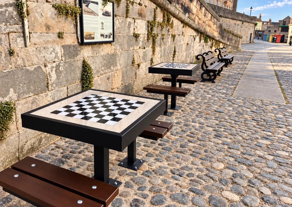 Two of the new chess tables, each with a pair of benches, on the cobbles of Berwick Quayside